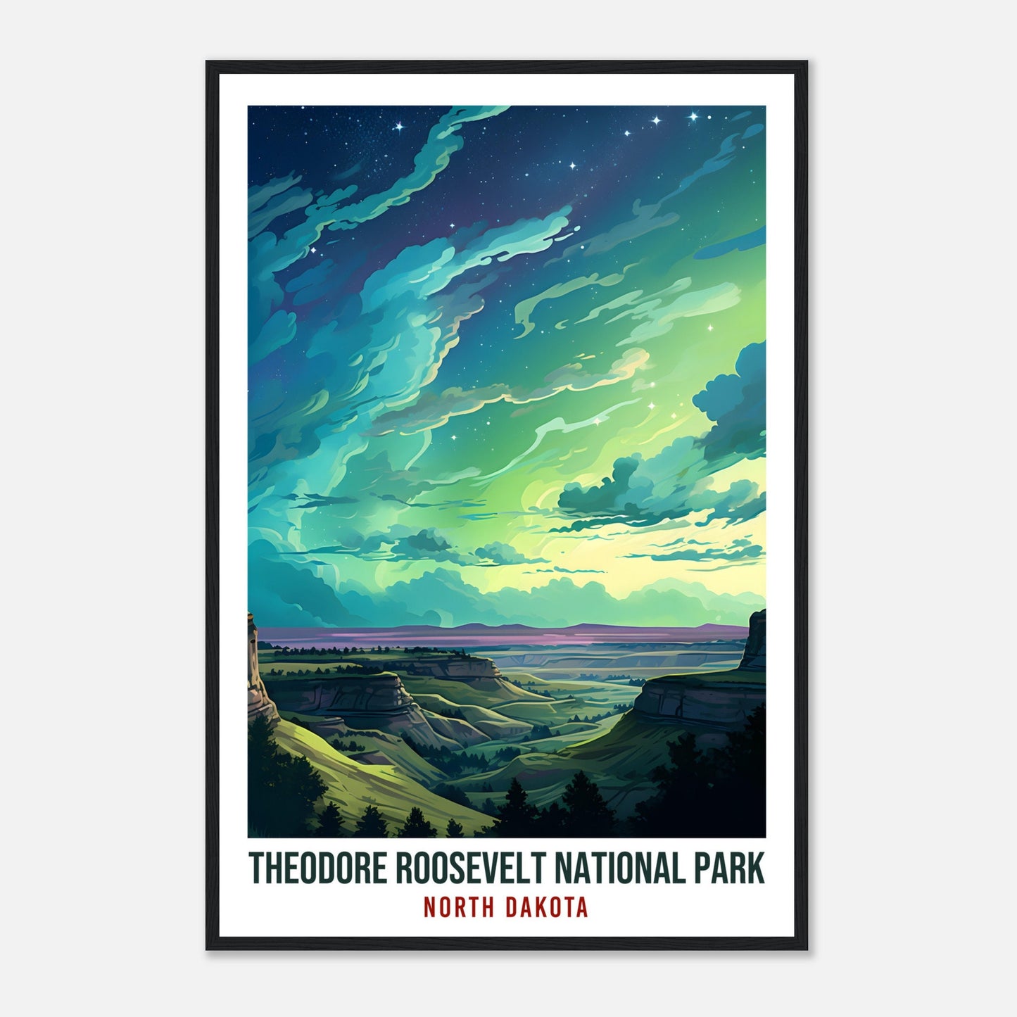 North Dakota National Park Travel Print North Dakota Northern Lights Wall Art Wall Hanging Travel Art Gift North Dakota Travel Poster USA