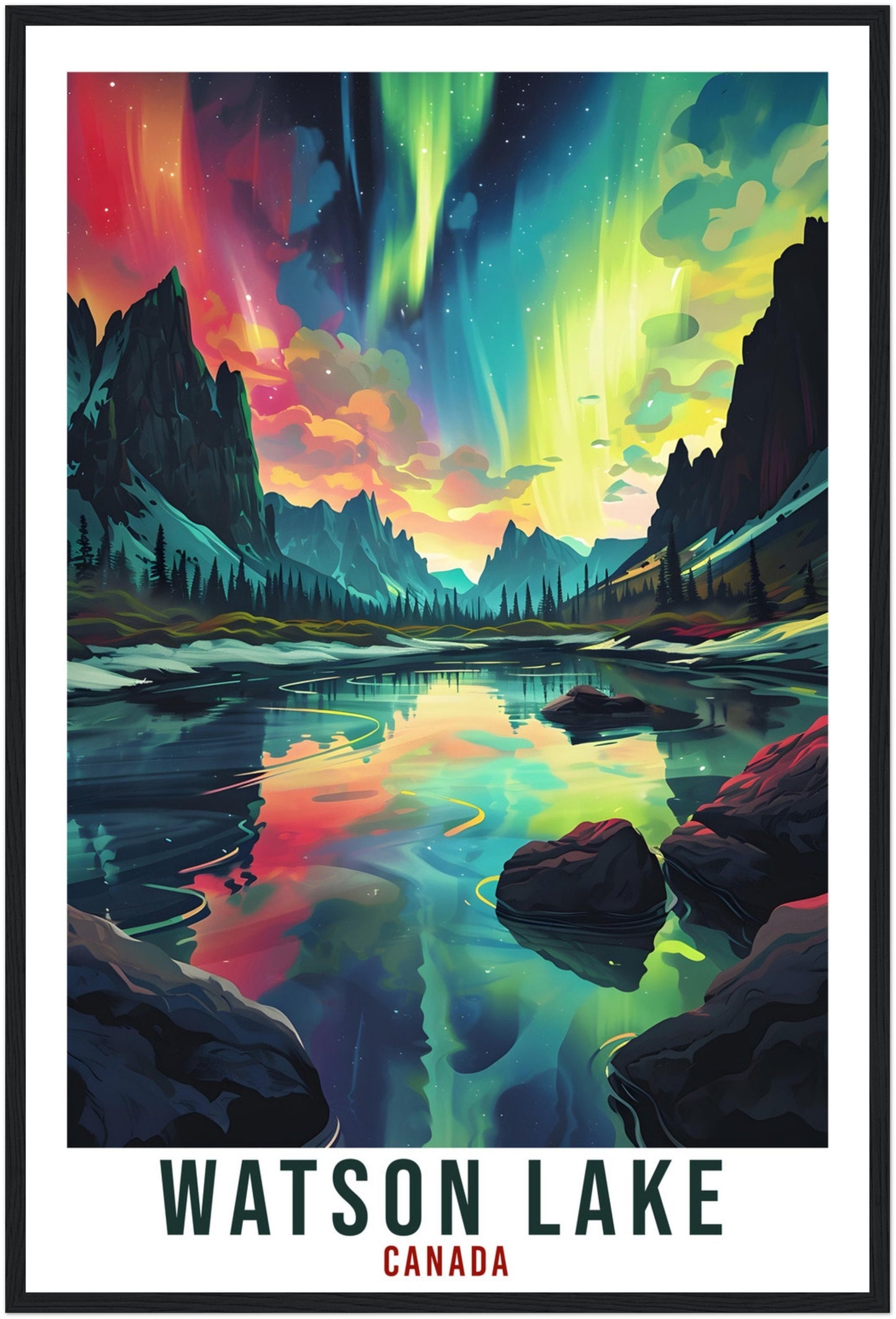 Watson Lake Travel Print Canada Northern Lights Wall Art Wall Hanging Travel Art Gift Watson LakeTravel Poster Canada Landscape Artwork