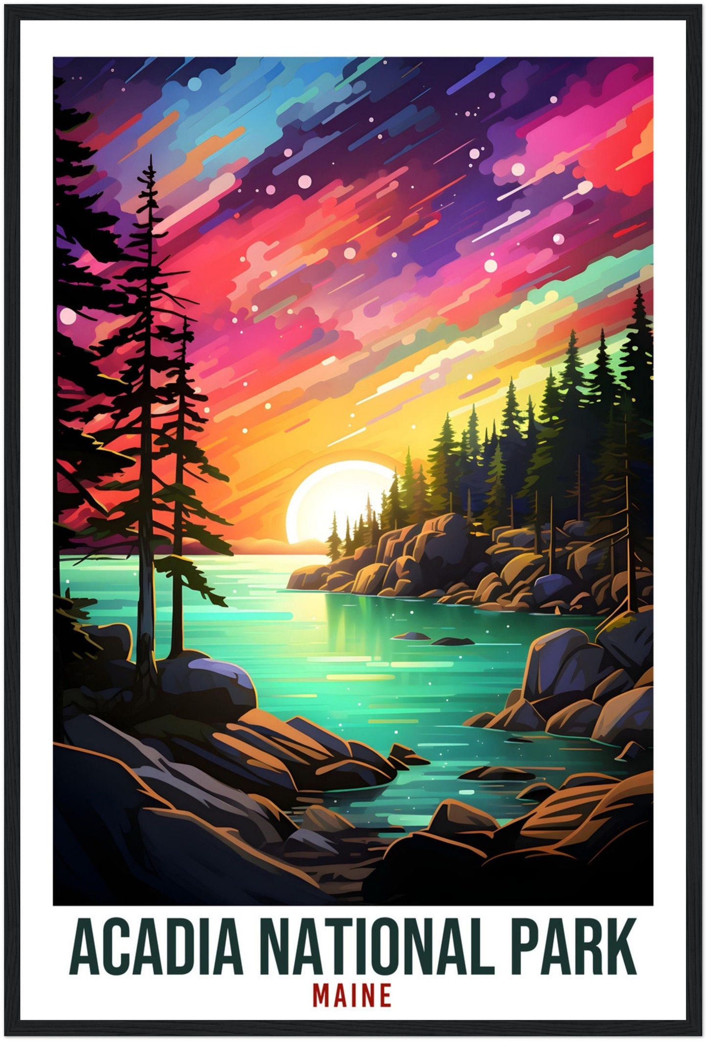 Acadia National Park Travel Print Maine Northern Lights Wall Art Wall Hanging Travel Art Gift Acadia Maine Travel Poster Artwork Art Lover