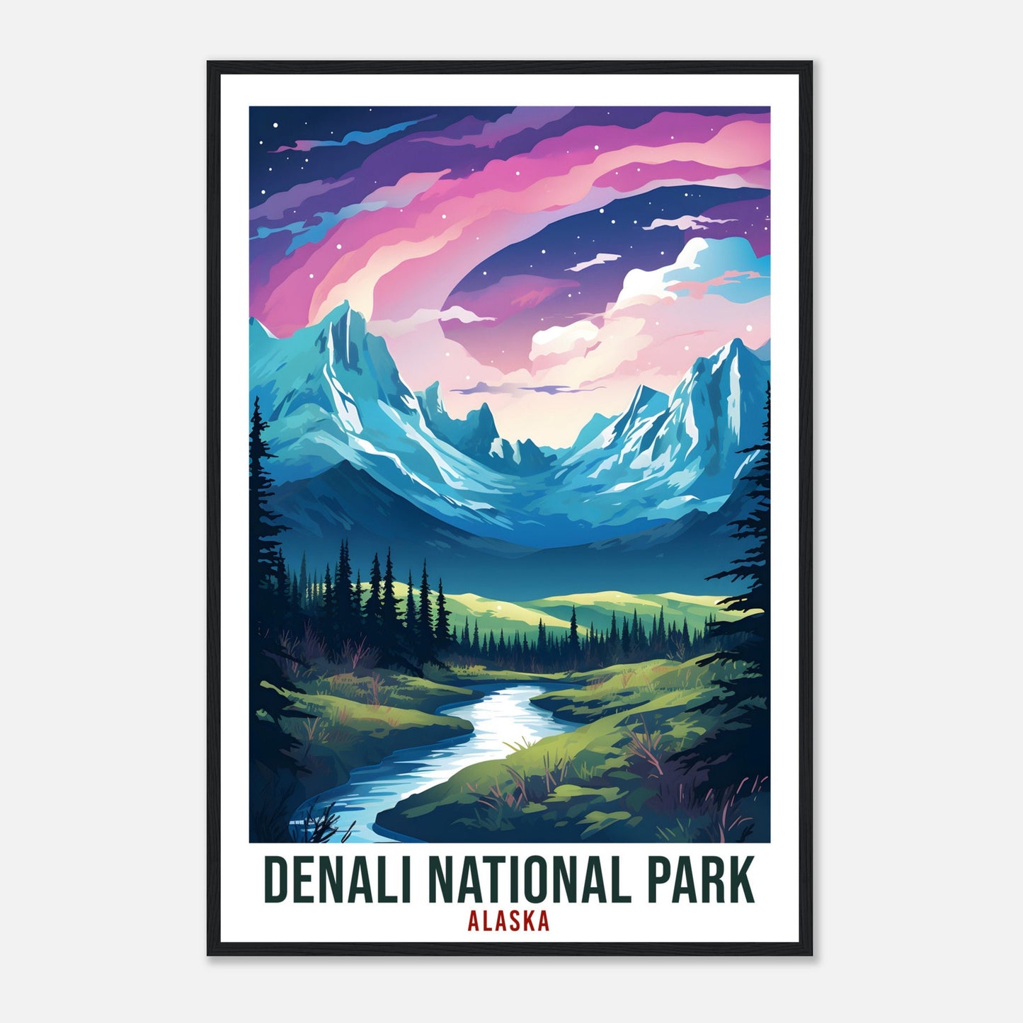 Denali National Park Travel Print Alaska Northern Lights Wall Art Wall Hanging Travel Art Gift Denali National Park Travel Poster Art Lover