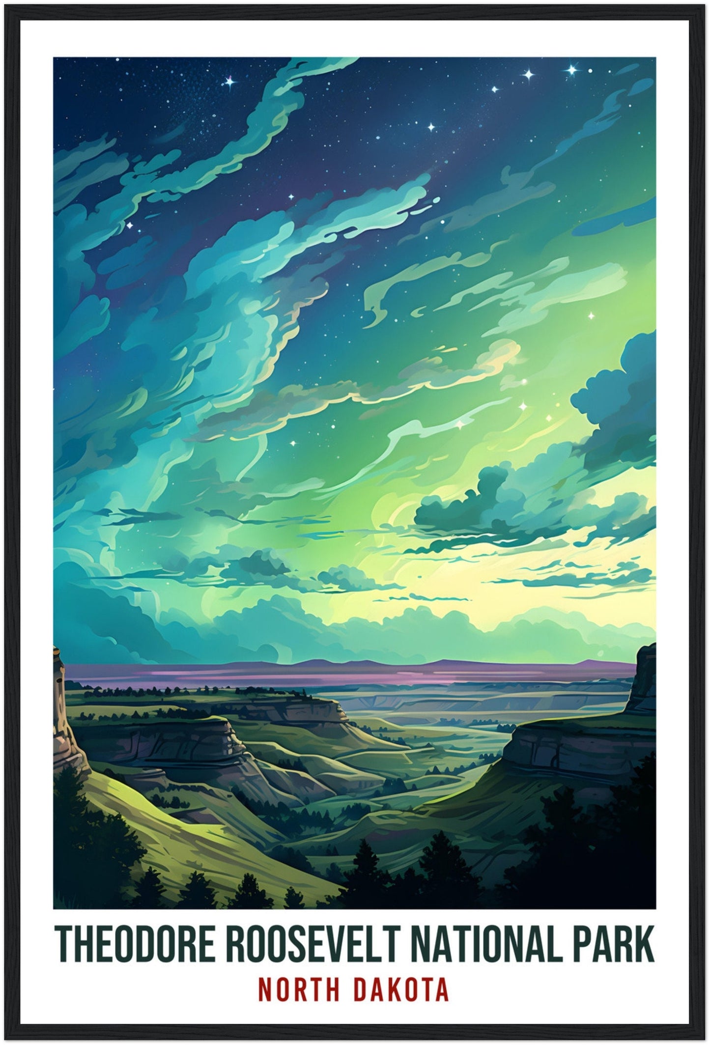 North Dakota National Park Travel Print North Dakota Northern Lights Wall Art Wall Hanging Travel Art Gift North Dakota Travel Poster USA