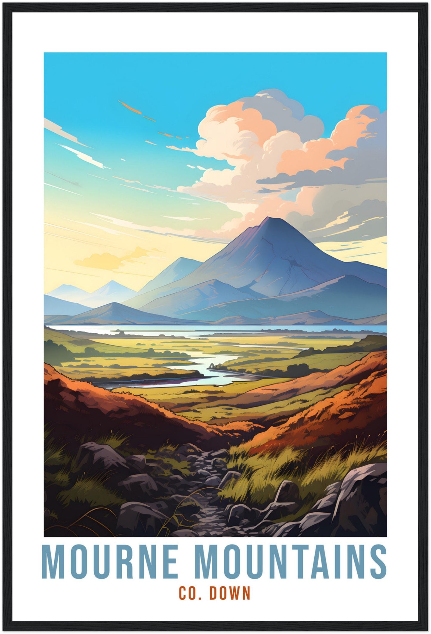 Mourne Mountains Travel Poster Northern Ireland Co. Down Travel Print NI County Down Wall Hanging Home Decor World Travel Art Mournes Gift