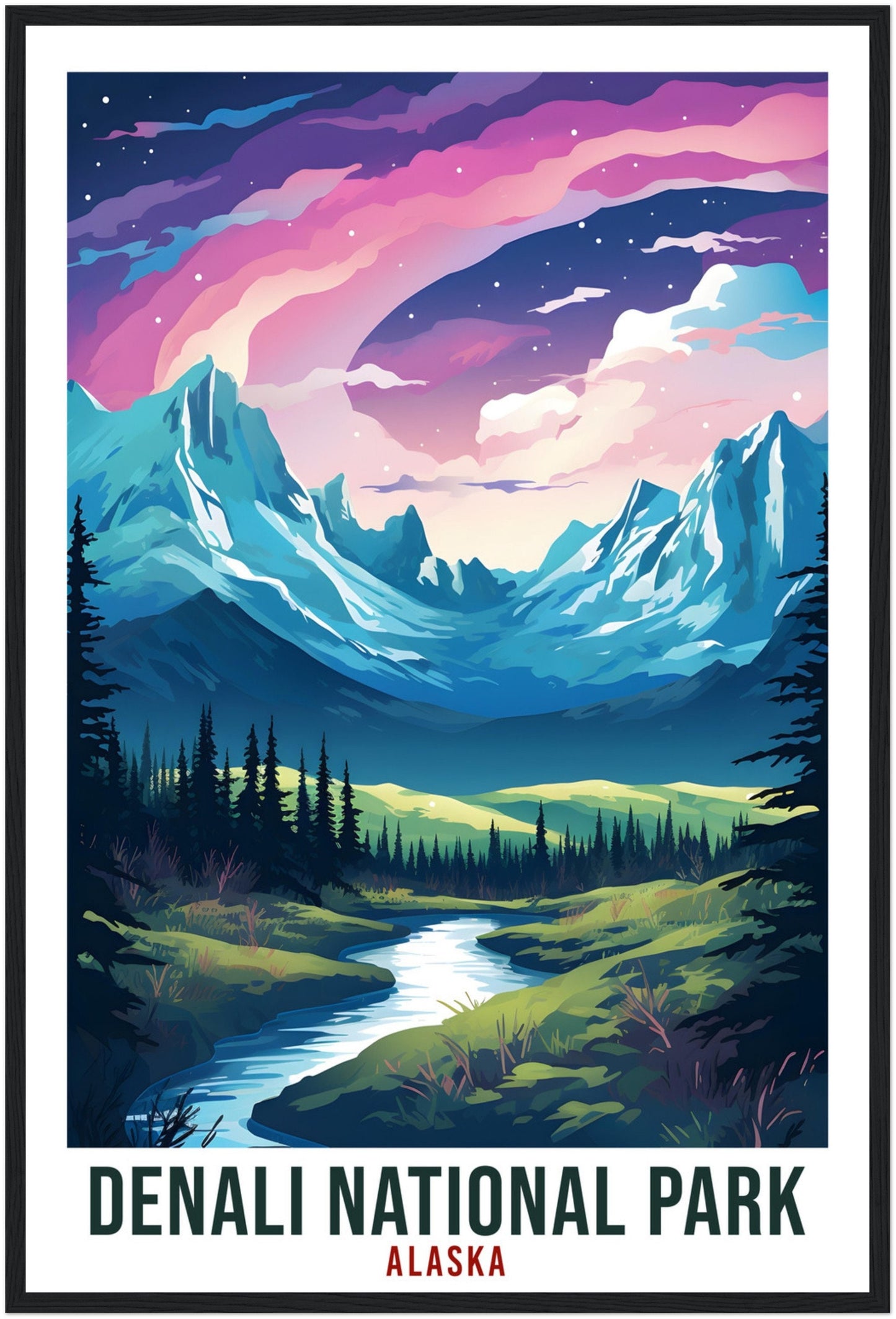 Denali National Park Travel Print Alaska Northern Lights Wall Art Wall Hanging Travel Art Gift Denali National Park Travel Poster Art Lover