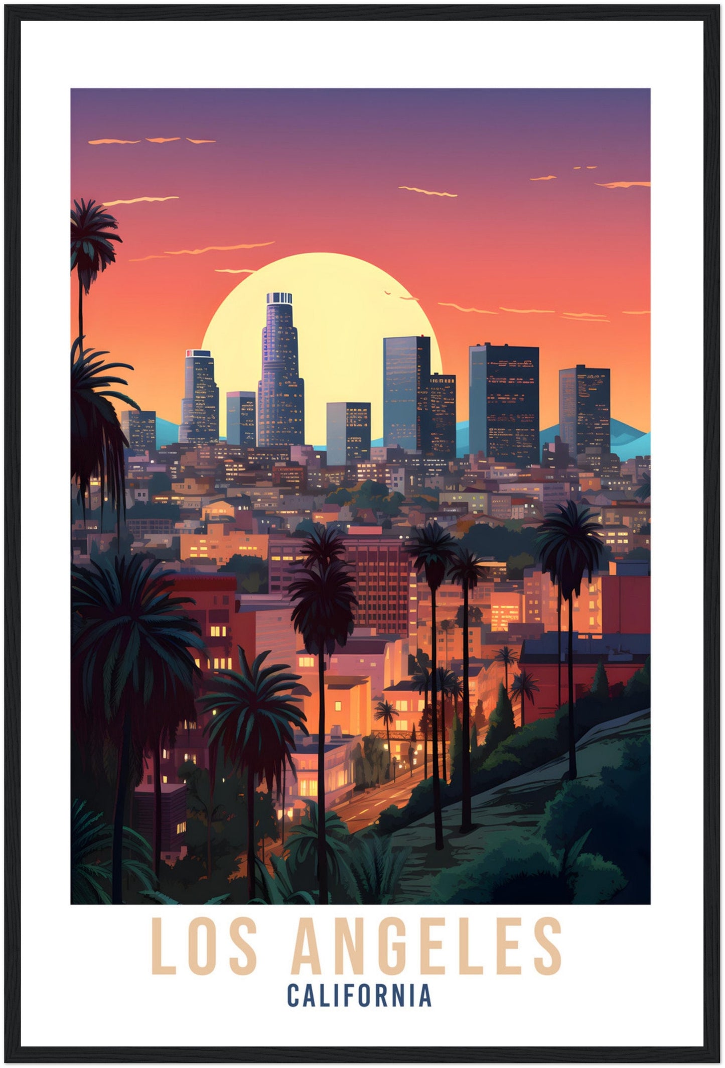 Los Angeles Sunset Travel Print Wall Art Los Angeles Wall Hanging LA Cityscape Los Angeles Gift Art Lovers California Art Lover LA Art Gift