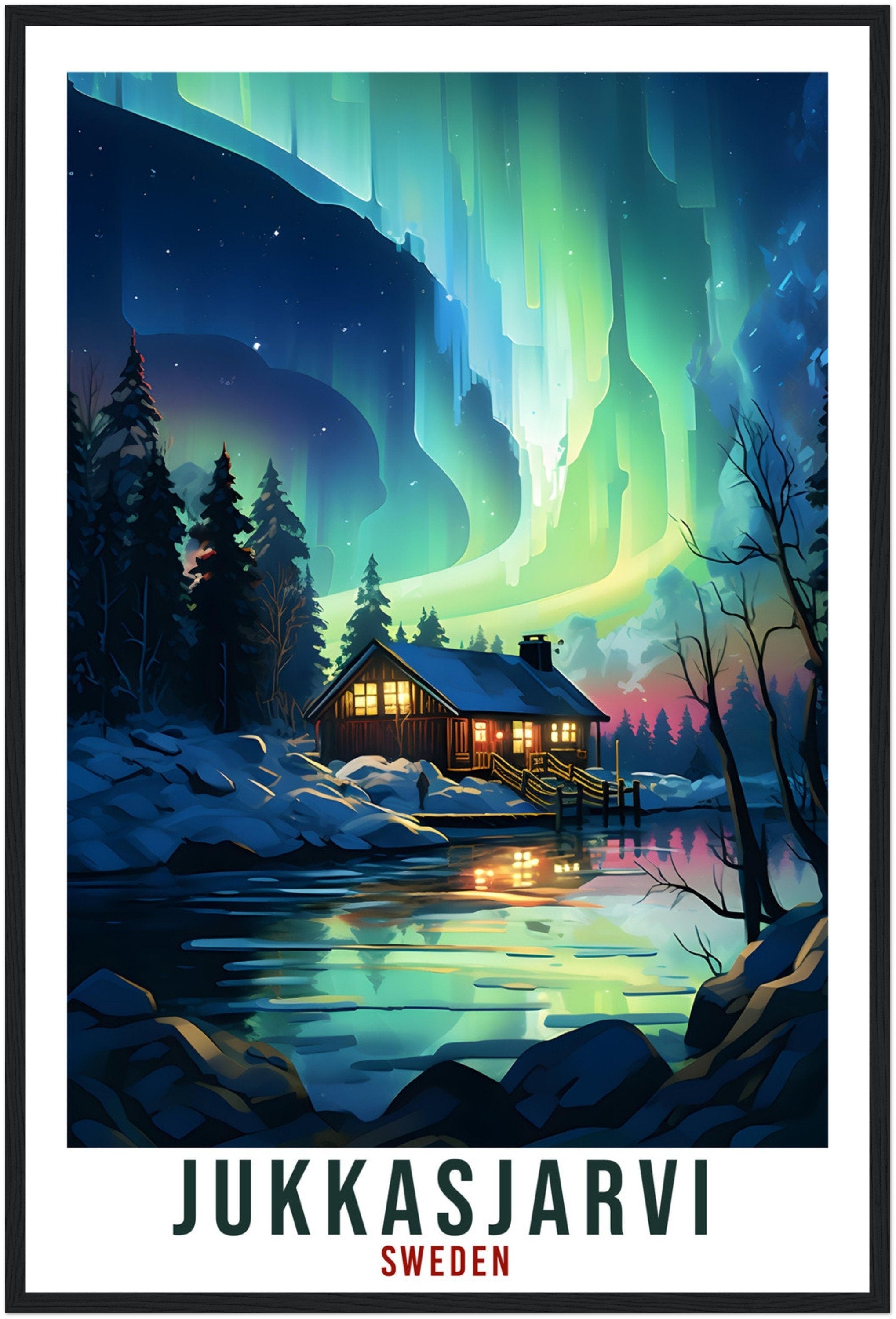 Jukkasjarvi Travel Print Sweden Northern Lights Wall Art Wall Hanging Travel Art Gift Jukkasjarvi Travel Poster Sweden Landscape Art Lover