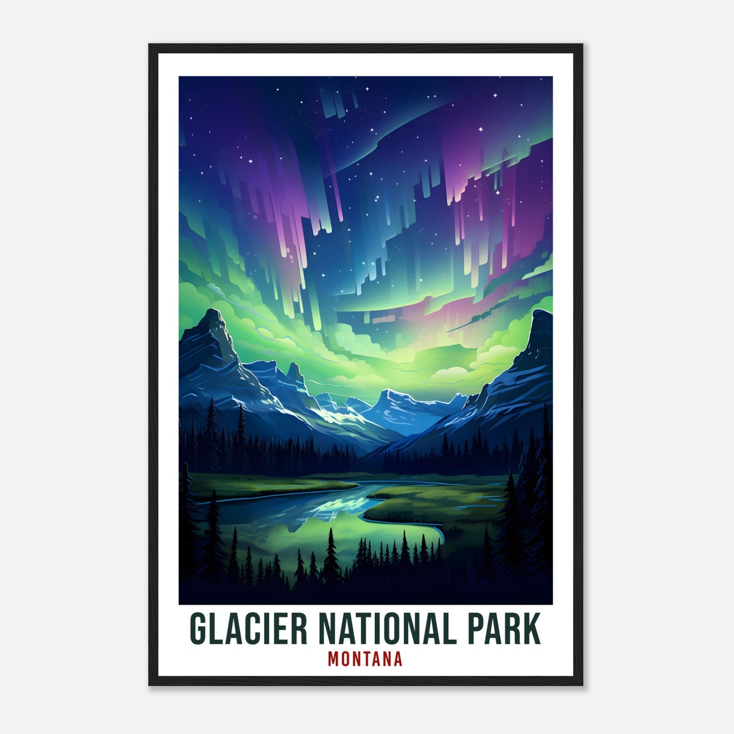 Glacier National Park Travel Print Montana Northern Lights Wall Art Wall Hanging Travel Art Gift Glacier National Park Travel Poster Montana