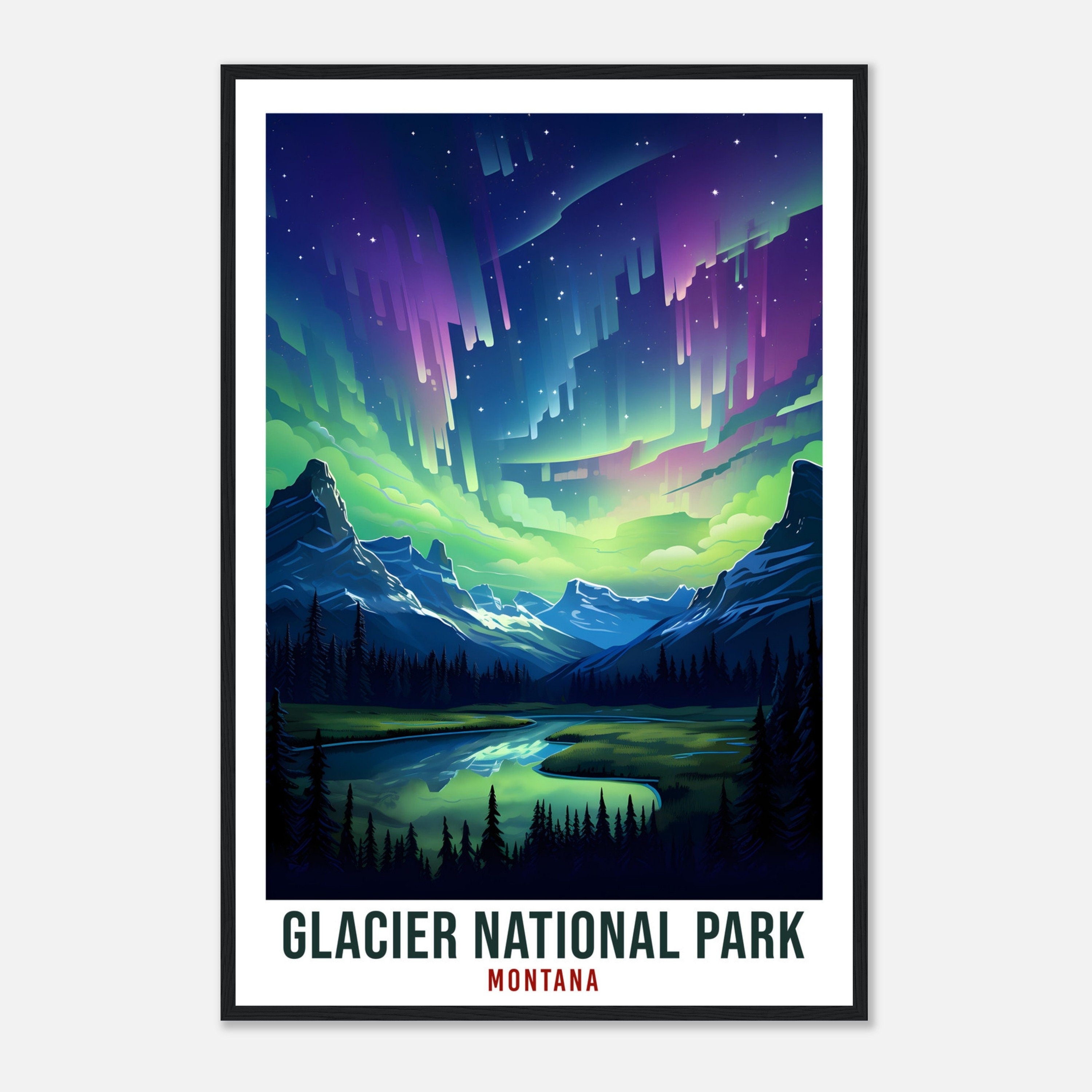 Glacier National Park Travel Print Montana Northern Lights Wall Art Wall Hanging Travel Art Gift Glacier National Park Travel Poster Montana