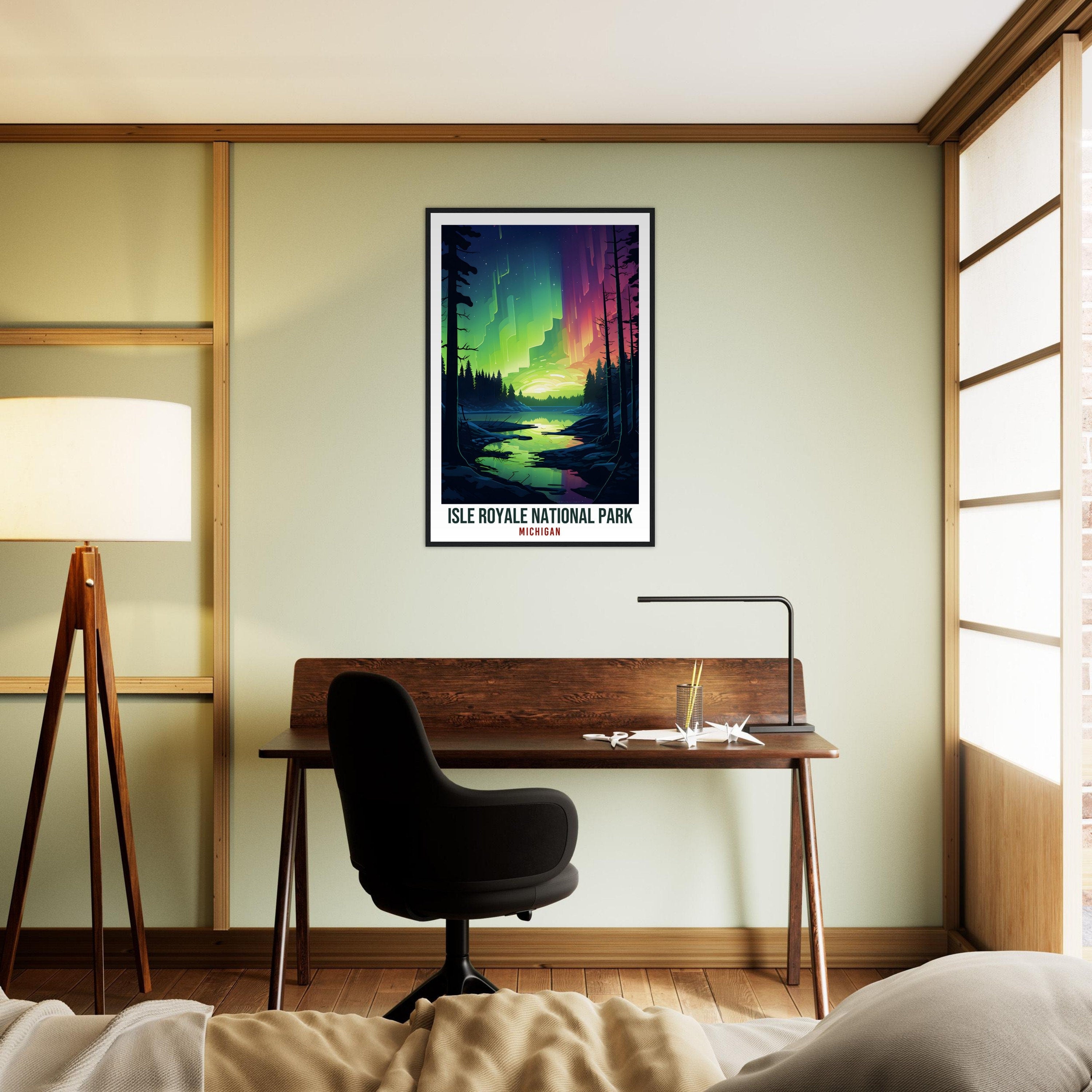 Isle Royale National Park Travel Print Michigan Northern Lights Wall Art Wall Hanging Travel Art Gift Isle Royale Travel Poster Michigan Art