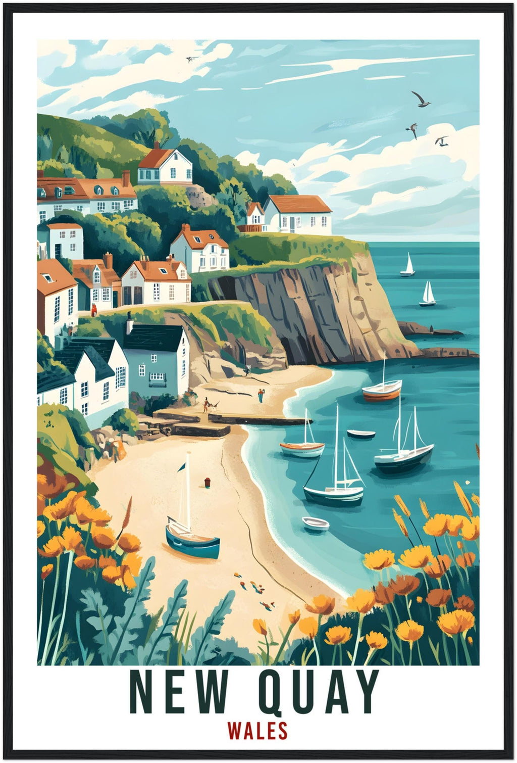 New Quay Travel Poster Wales Home Decor New Quay Wall Art Wall Hanging Art Lover Wales Artwork Travel Print Wales New Quay Travel Art Gift