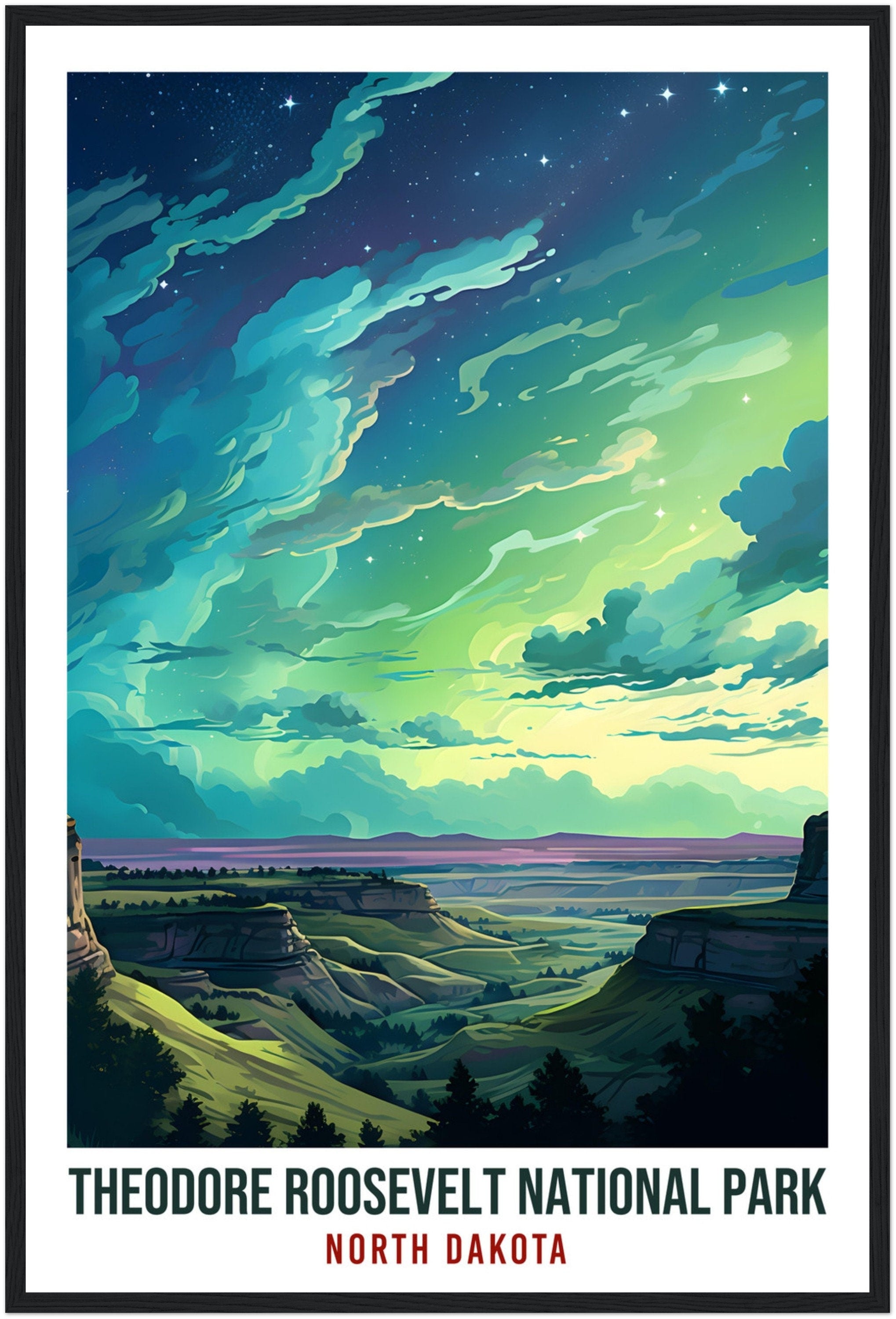 North Dakota National Park Travel Print North Dakota Northern Lights Wall Art Wall Hanging Travel Art Gift North Dakota Travel Poster USA