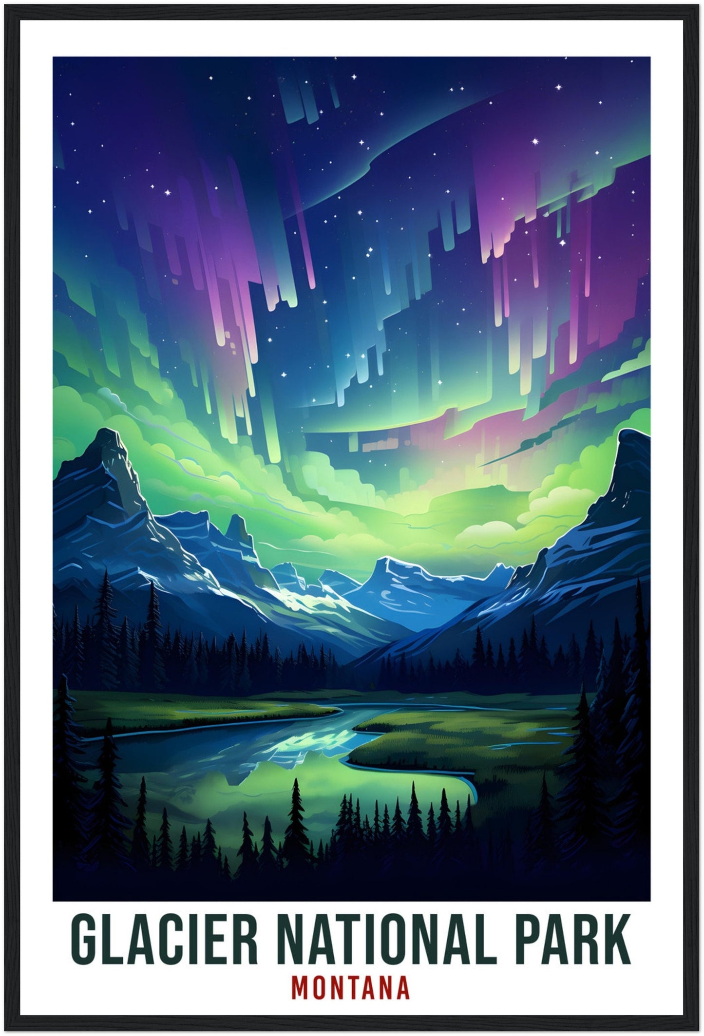 Glacier National Park Travel Print Montana Northern Lights Wall Art Wall Hanging Travel Art Gift Glacier National Park Travel Poster Montana