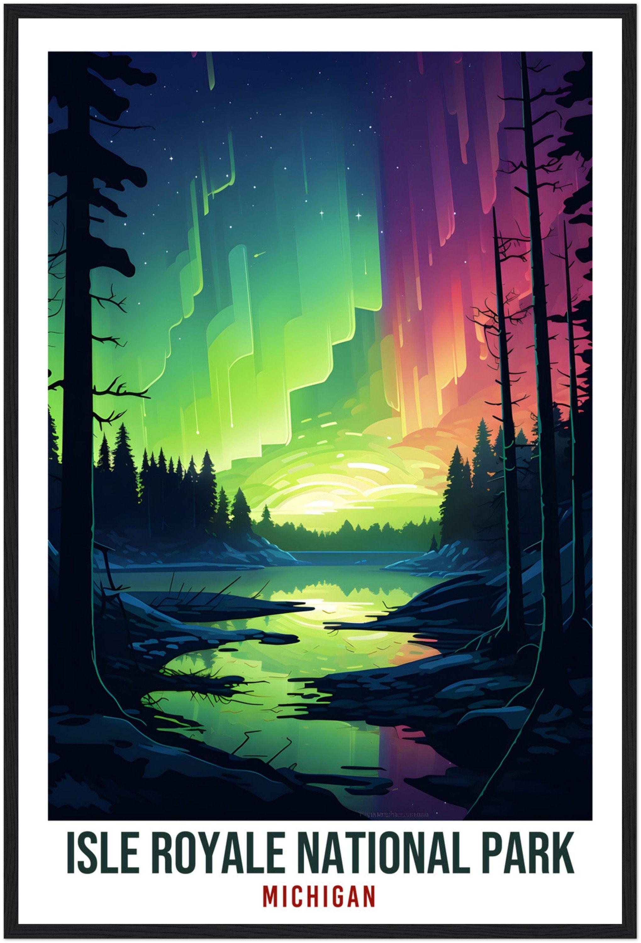 Isle Royale National Park Travel Print Michigan Northern Lights Wall Art Wall Hanging Travel Art Gift Isle Royale Travel Poster Michigan Art