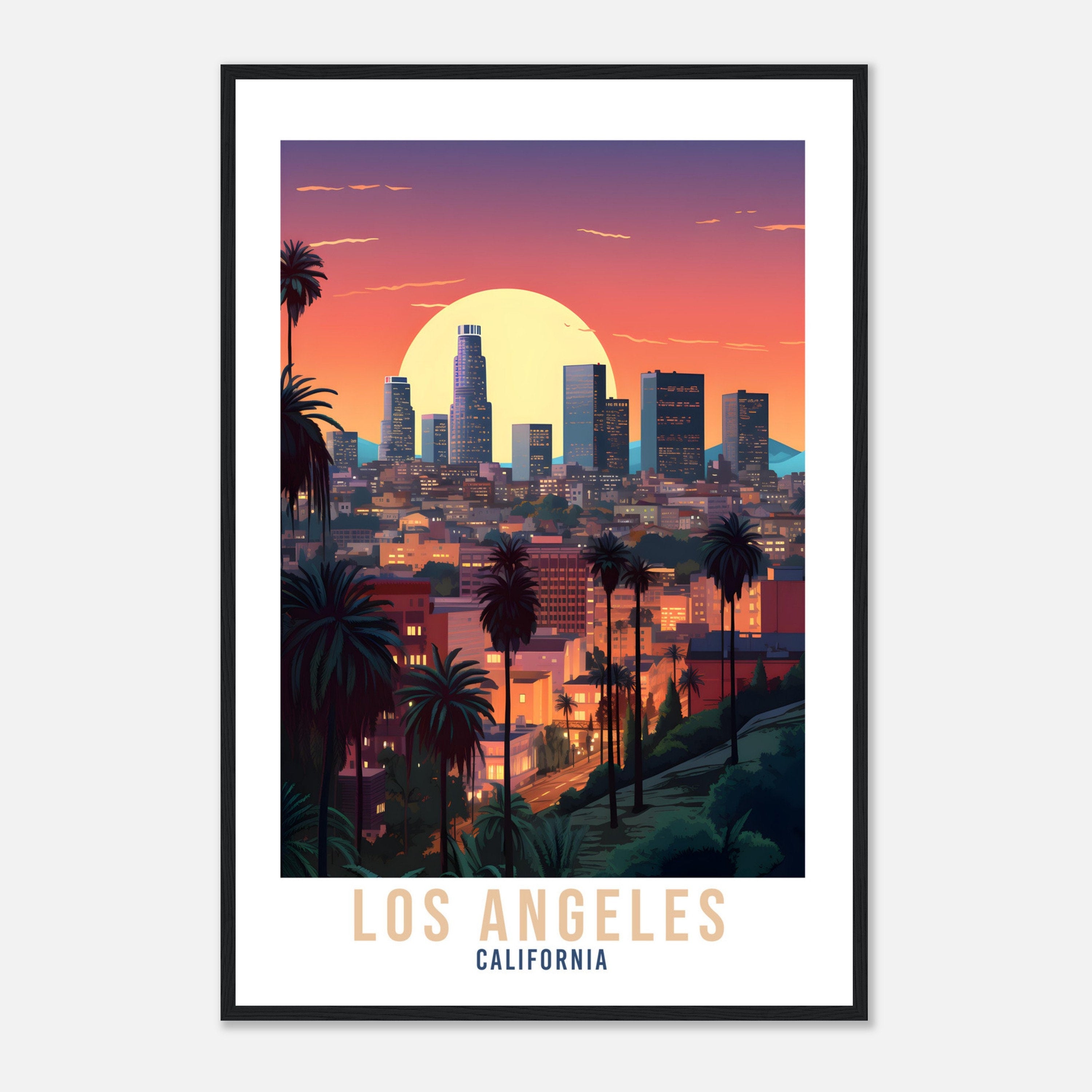 Los Angeles Sunset Travel Print Wall Art Los Angeles Wall Hanging LA Cityscape Los Angeles Gift Art Lovers California Art Lover LA Art Gift