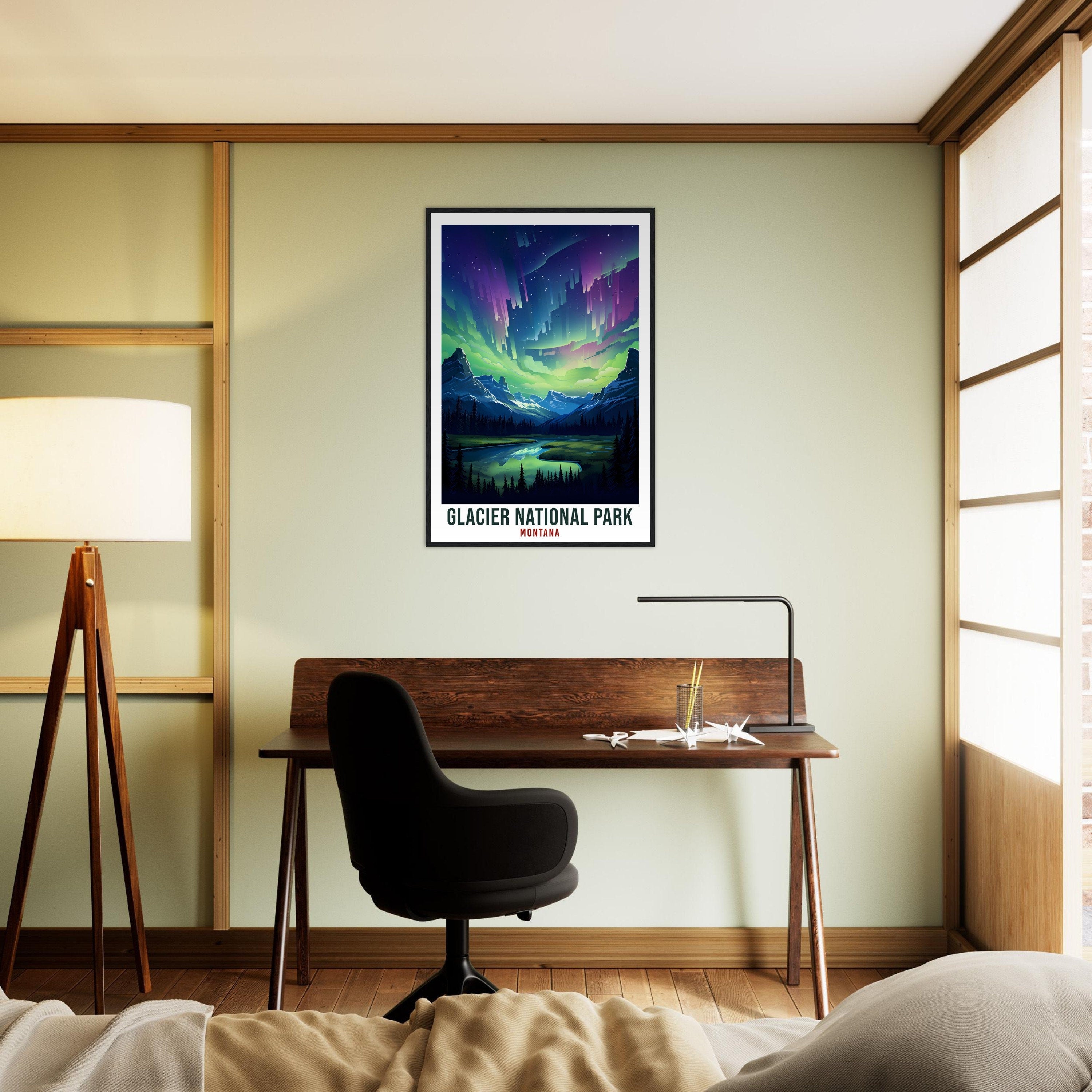 Glacier National Park Travel Print Montana Northern Lights Wall Art Wall Hanging Travel Art Gift Glacier National Park Travel Poster Montana