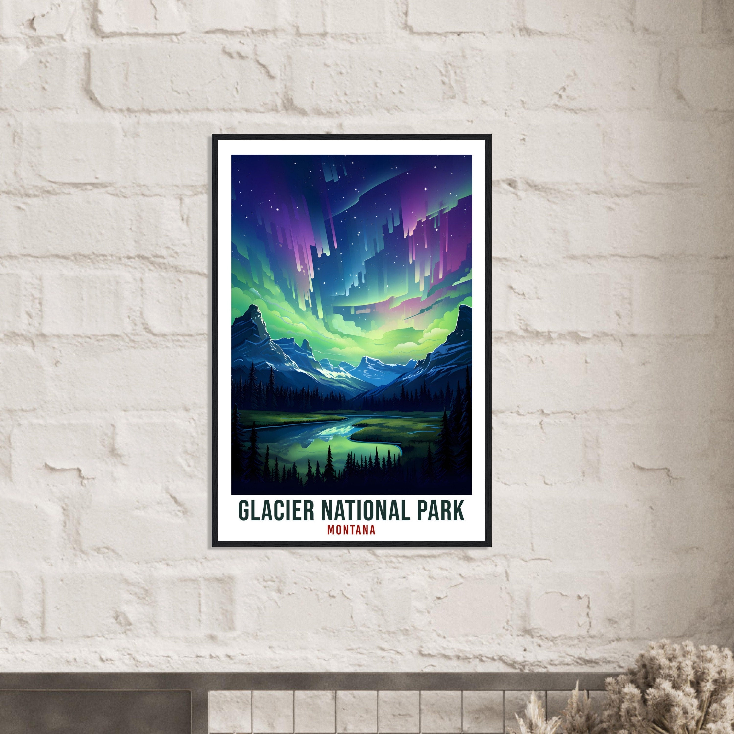 Glacier National Park Travel Print Montana Northern Lights Wall Art Wall Hanging Travel Art Gift Glacier National Park Travel Poster Montana