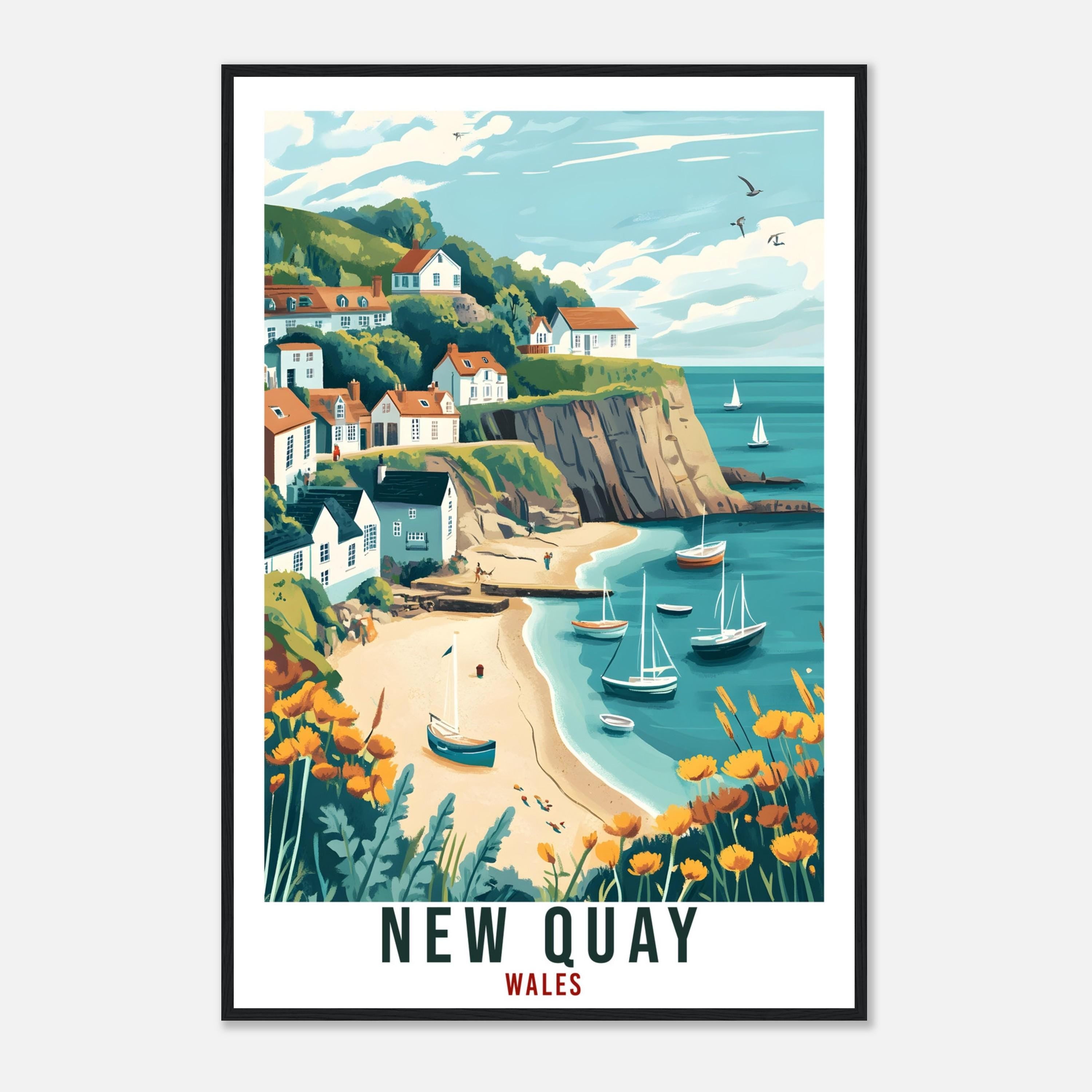 New Quay Travel Poster Wales Home Decor New Quay Wall Art Wall Hanging Art Lover Wales Artwork Travel Print Wales New Quay Travel Art Gift