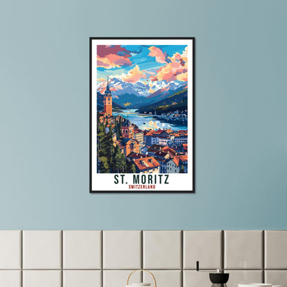 St Moritz Travel Print Swiss Wall Art Wall Hanging Home Living Décor St Moritz Gift Art Lovers Switzerland Artwork Gift Swiss Travel Poster